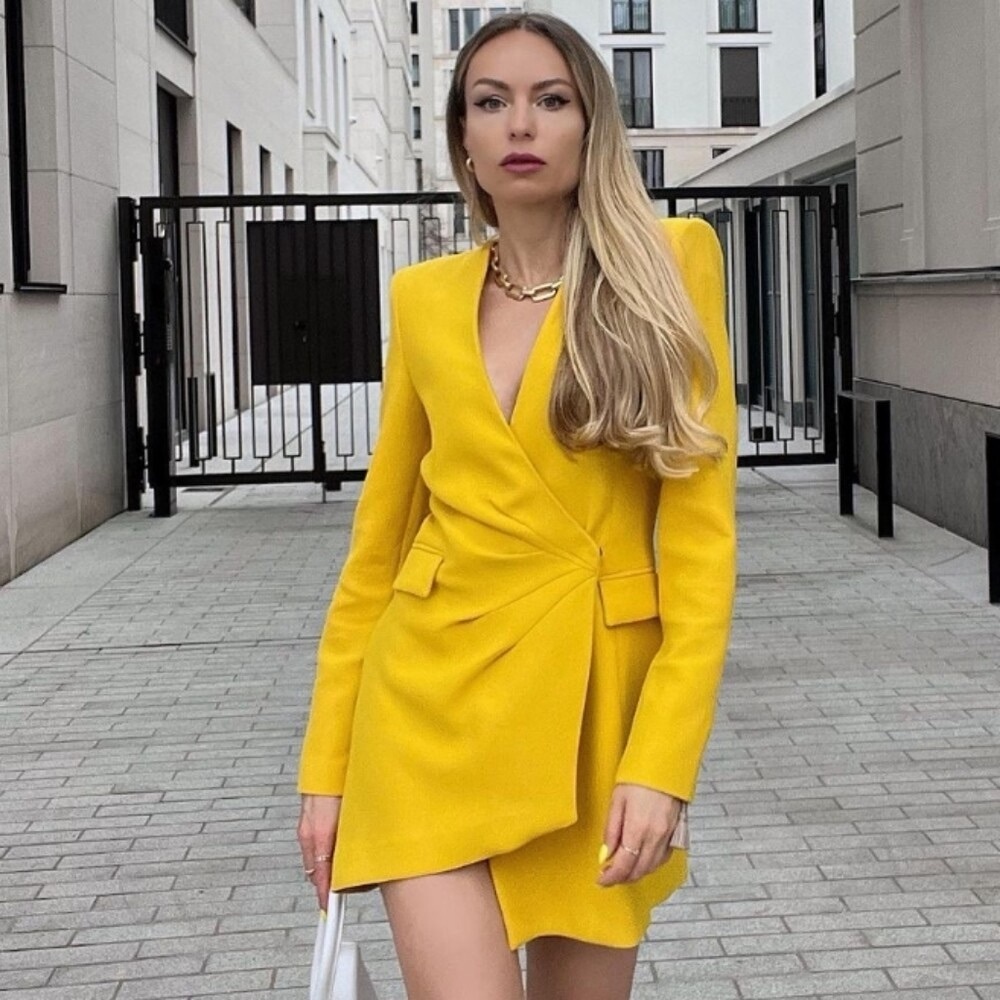 NWT Zara Yellow Blazer Mini Dress XS Wrap Asymmetric Tailored Jacket Dress